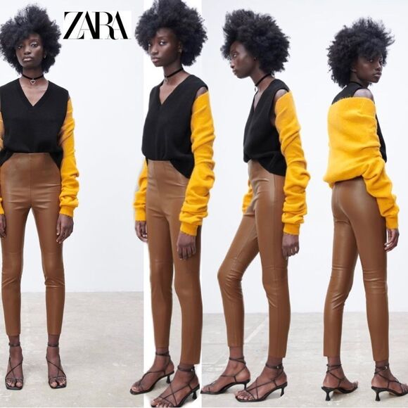 Zara camel brown faux leather high waisted vegan leggings Sz M NWOT - Picture 12 of 12